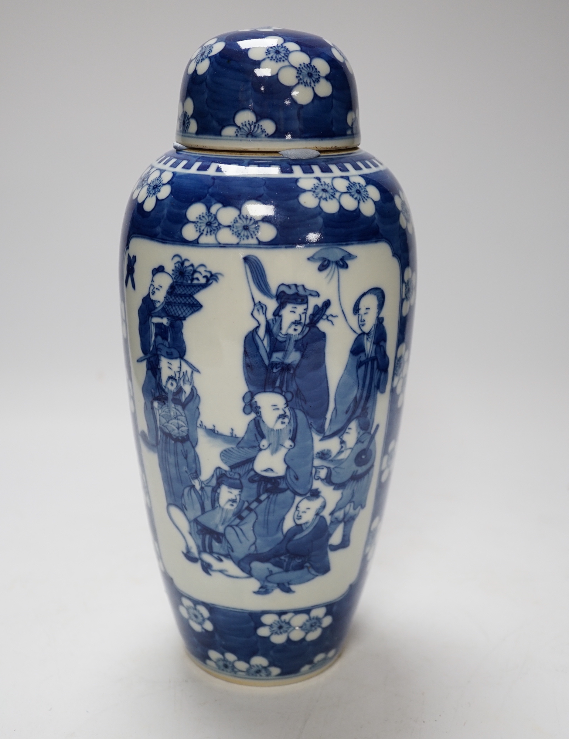 A Chinese blue and white ‘eight immortals’ jar and cover, circa 1900, 28cm